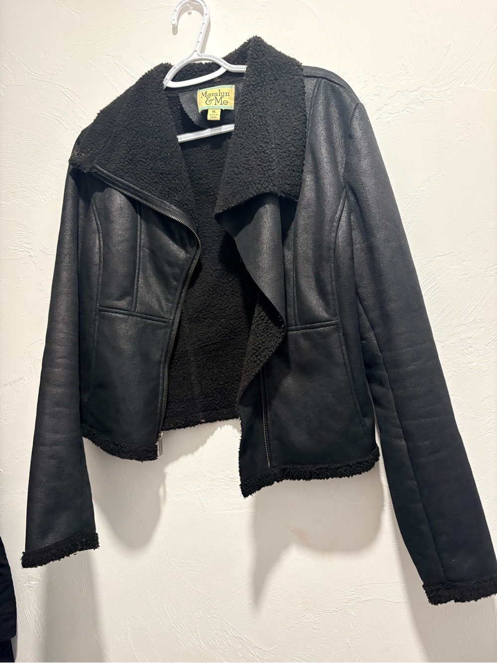 Maralyn & Me Black Faux Shearling Draped Moto Jacket